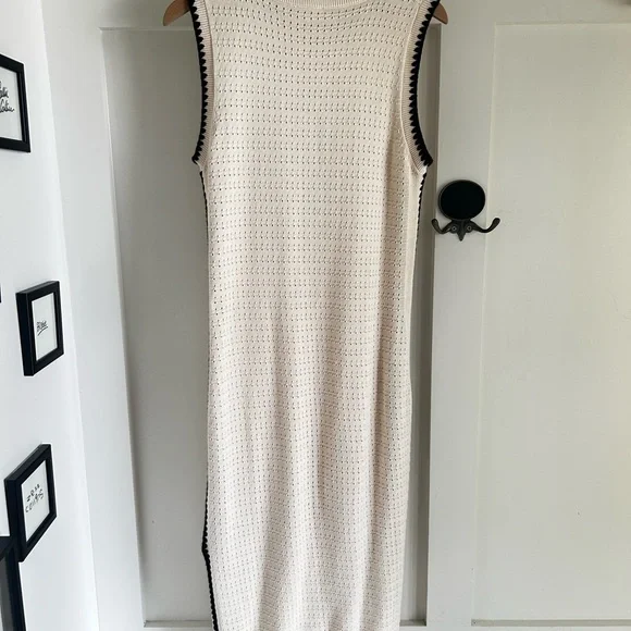 Varley Dwight Tank Knit Dress Cream Black Trim Cotton Midi Minimalist - Picture 8 of 12